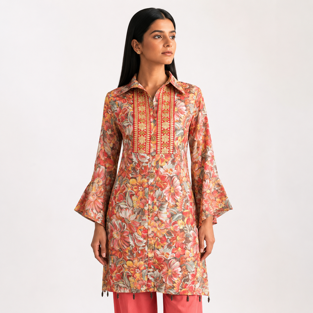 Coral Floral Embroidered Tunic & Trousers Set